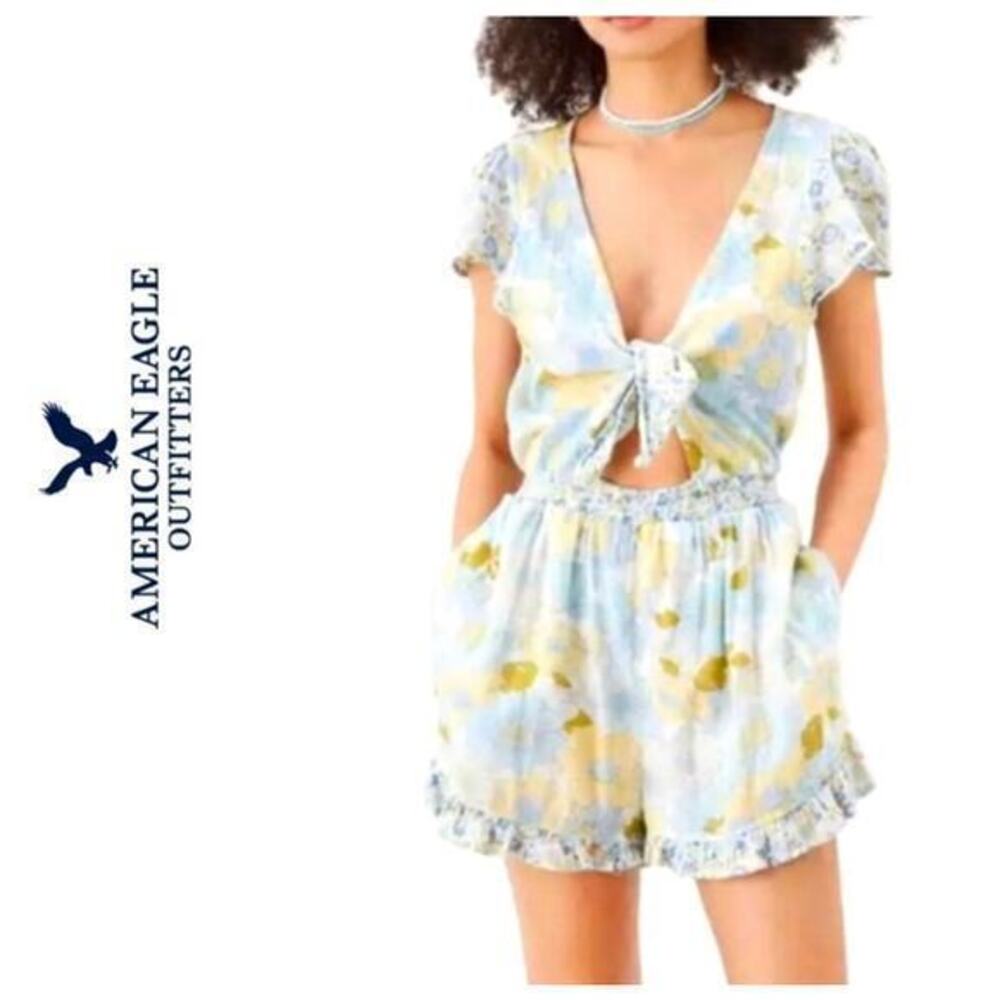 American Eagle Floral Tie Front Cut Out Romper blue colorful flowers Size small